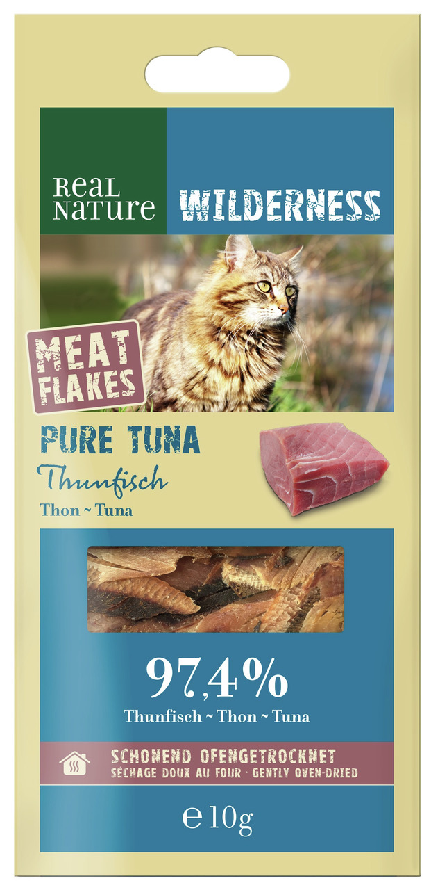 REAL NATURE WILDERNESS Meat Flakes Pure Tuna, für Katzen, Thunfisch, 97,4 % Thunfisch, schonend ofengetrocknet, 10 g.