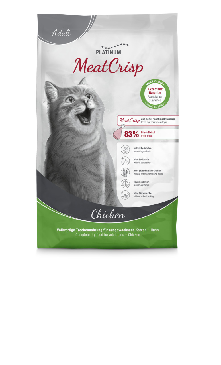 PLATINUM MeatCrisp Trockenfutter für ausgewachsene Katzen, Huhn, 83 % Frischfleisch, natürliche Zutaten, ohne Lockstoffe, ohne Tierversuche.