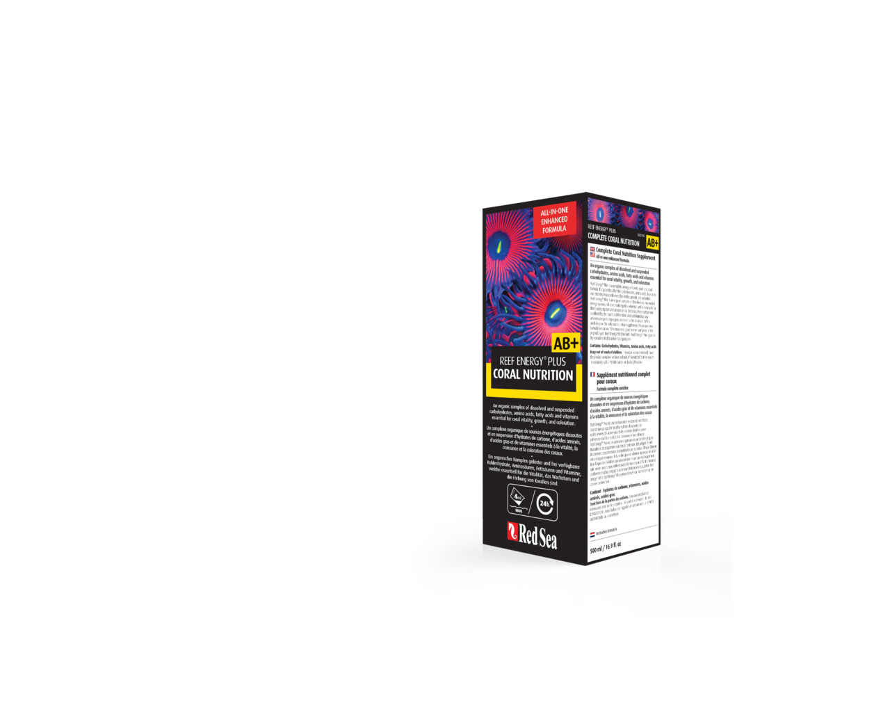 Red Sea Reef Energy Plus Coral Nutrition AB+, Nahrungsergänzung für Korallen, 500 ml, gezielte Nährstoffversorgung, bunte Korallenabbildungen.