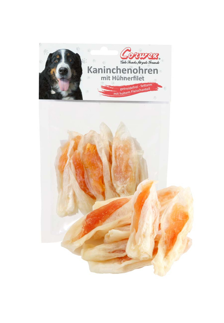 Corwex Kaninchenohren mit Hühnerfilet 70 Gramm Hundesnacks