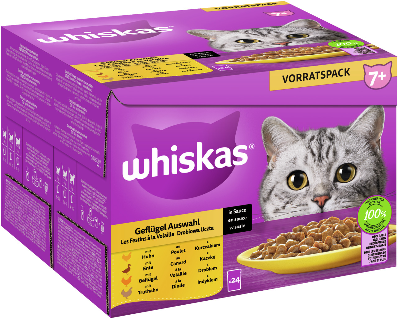Whiskas Geflügel Auswahl, Katzen ab 7 J., Huhn-Ente-Geflügel-Truthahn in Sauce, 24 Portionen, 100 % hochwertige Zutaten.