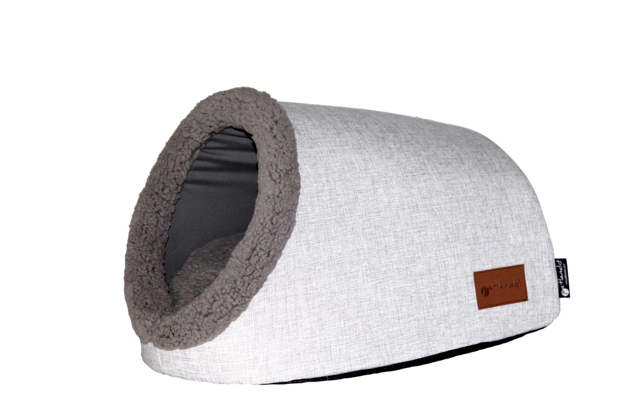 Petlando Kuschelhöhle, für Katzen & kl. Hunde, hellgraues Stoffdesign, dunkelgrauer Plüschrand, gemütl. Rückzugsort, hoher Komfort.