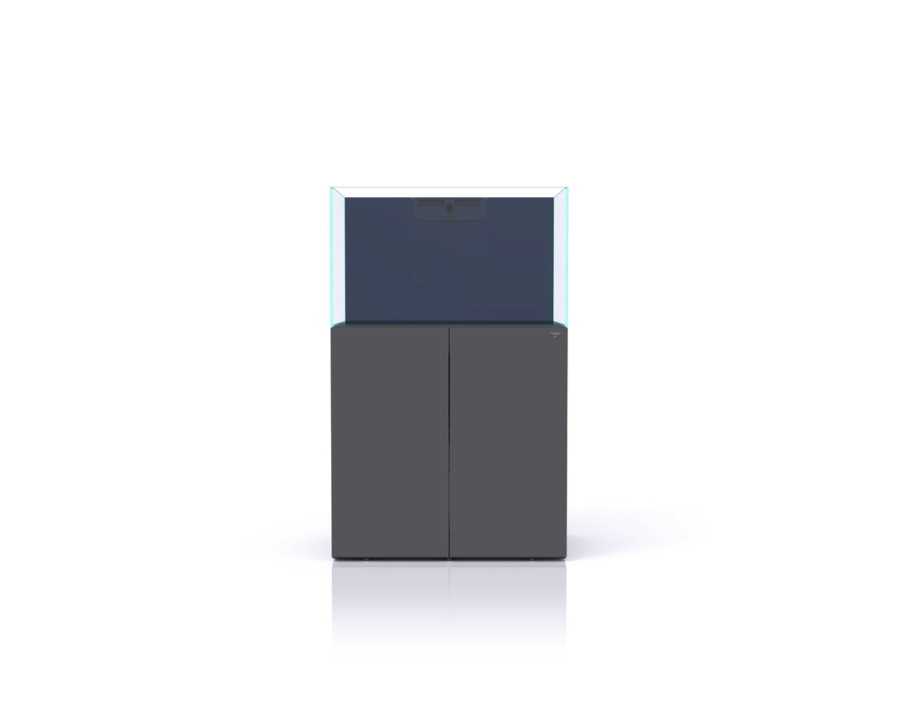 Das Bild zeigt das Nyos Opus 300 Aquarium-Set, ein hochwertiges Meerwasseraquarium mit modernem Design. Es besteht aus einem rechteckigen Glasaquarium mit klarem Glas und einem dazugehörigen Unterschrank in dunkler Farbe. Das Set ist ideal für Aquaristik-