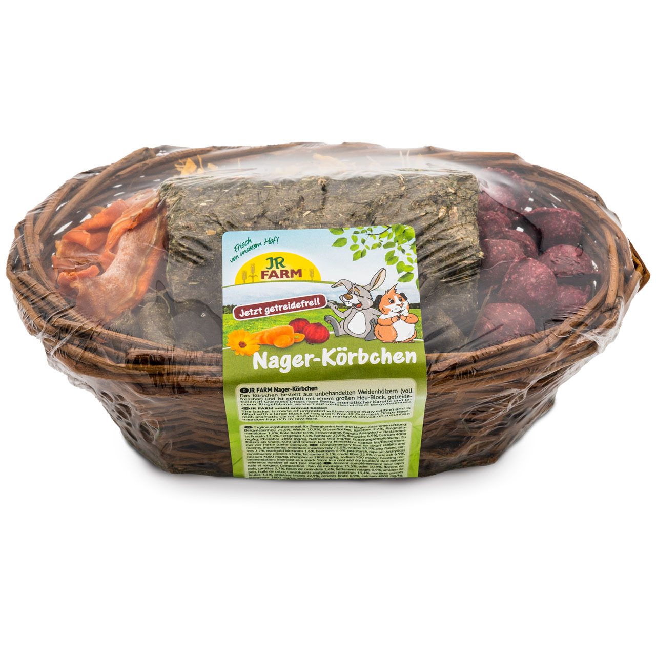 JR FARM Nager-Körbchen: Getreidefreier Weidenkorb mit Heu-Blöcken, Snacks & Gemüsechips. Für Kaninchen/Meerschweinchen, ca. 1 kg.