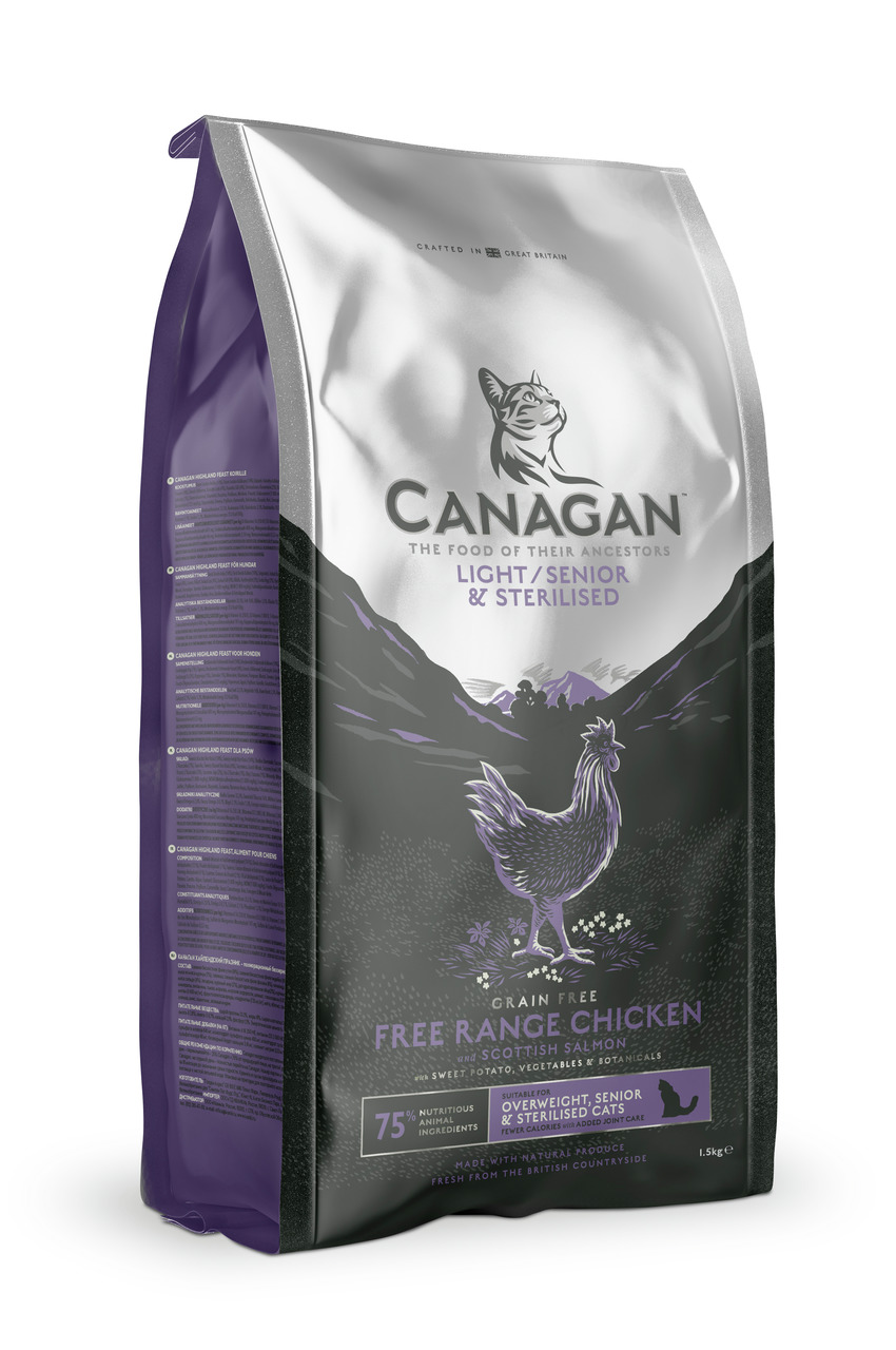Canagan Light-Senior & Sterilised, Katzen, Freilandhuhn & schott. Lachs, getreidefrei, 1,5 kg, für ältere, sterilisierte & übergew. Katzen.