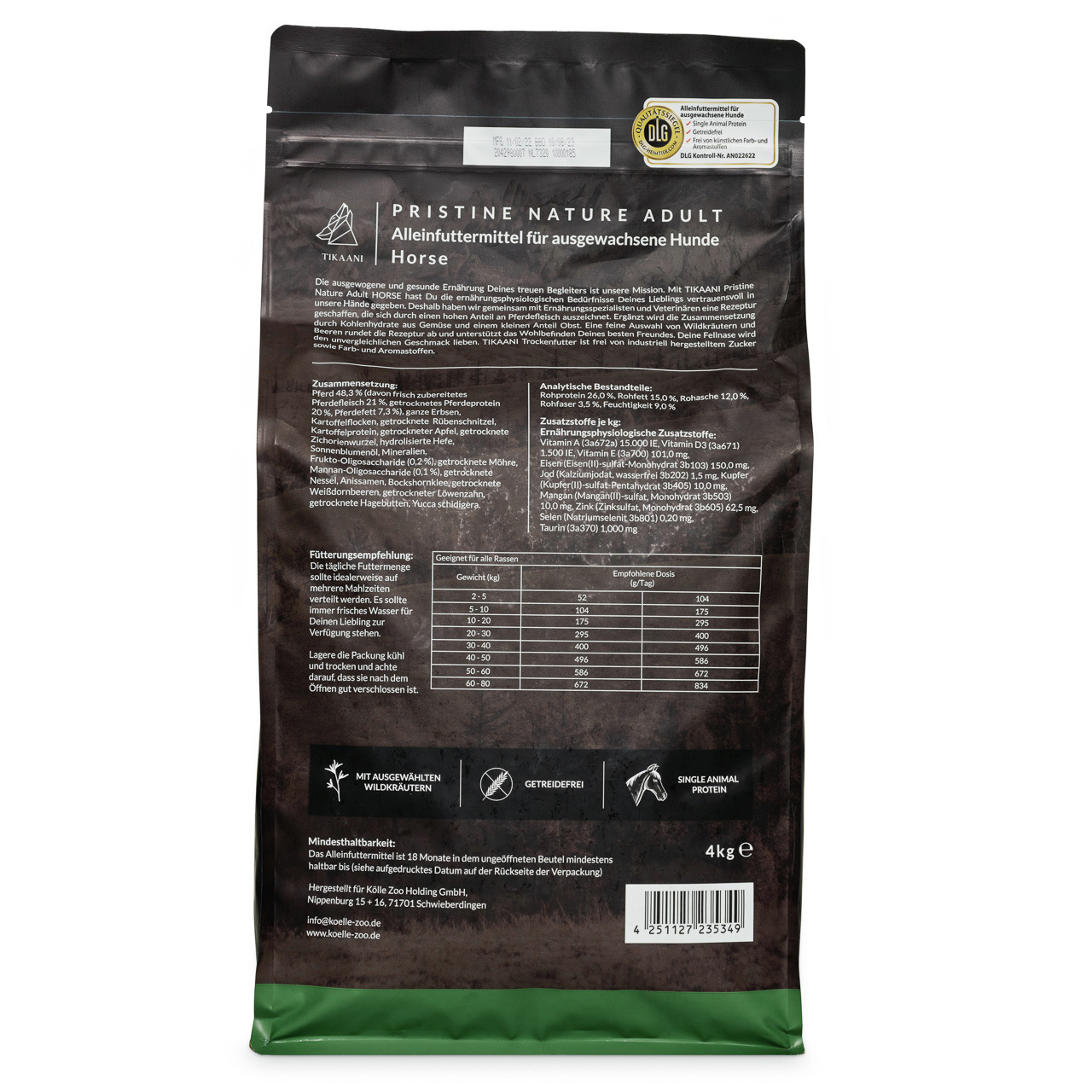 TIKAANI Pristine Nature Adult Horse, 4 kg, getreidefreies Alleinfutter f. erwachsene Hunde, Single-Protein Pferd, mit Wildkräutern.