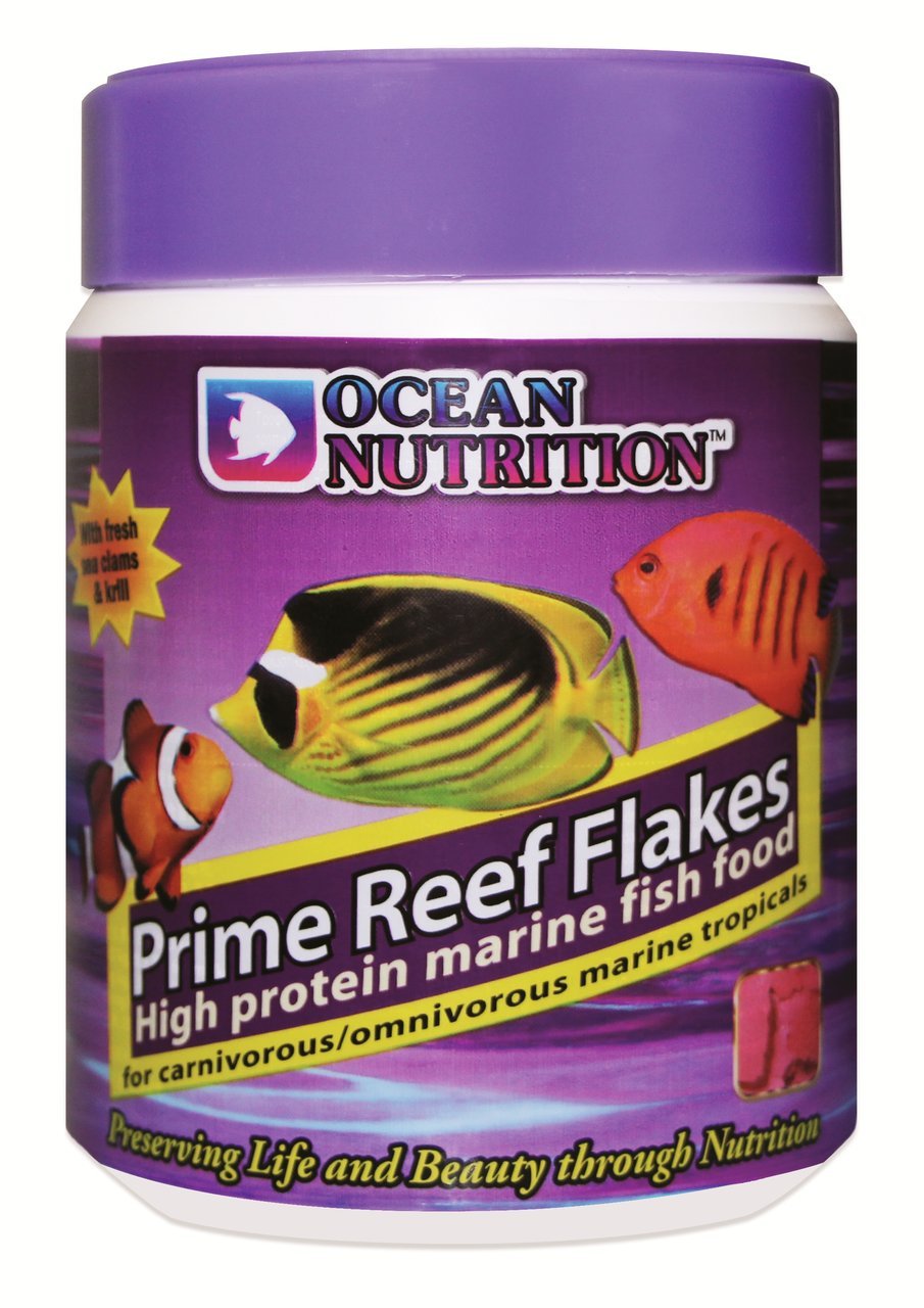 Ocean Nutrition Prime Reef Flakes: Hochwertiges Fischfutter für trop. Meeresfische, mit Meeresmuscheln & Krill, für Aquarienbesitzer.