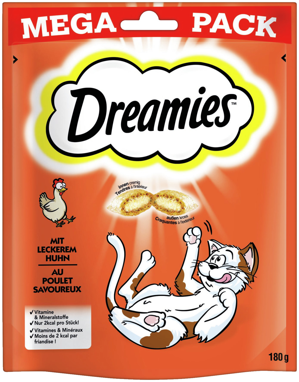 Dreamies Mega Pack Huhn, 180 g, für Katzen: knusprig außen, cremig innen, mit Vitaminen & Mineralstoffen, 