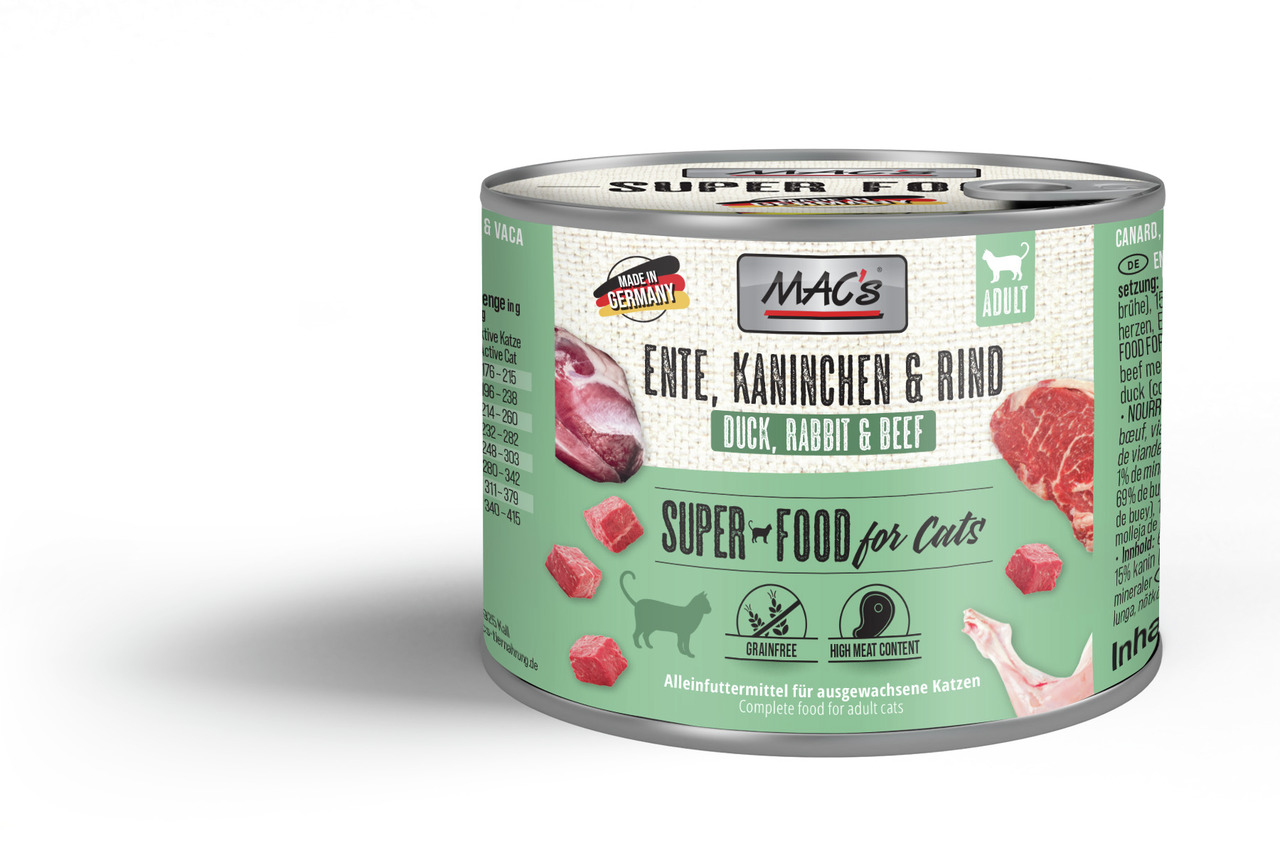 MAC's Katzenfutter Ente, Kaninchen & Rind, Alleinfutter f. erw. Katzen, getreidefrei, hoher Fleischanteil, „Super Food for Cats“.