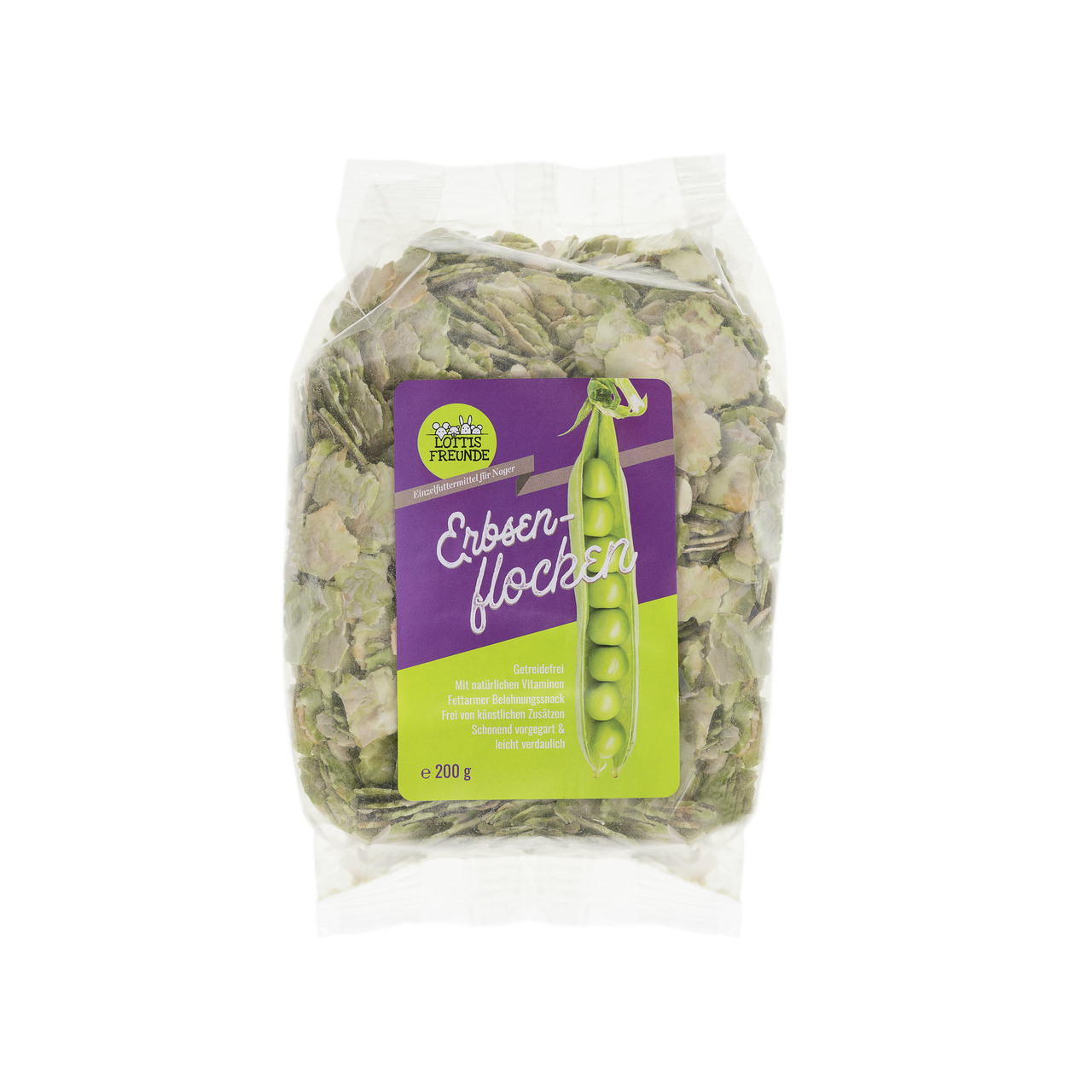 Das Bild zeigt eine transparente Verpackung des Produkts „Lottis Freunde Erbsenflocken“ der Marke Lottis Freunde. Die Zielgruppe sind Haustiere, insbesondere Nager. Die Verpackung enthält 200 g getreidefreie Erbsenflocken, die reich an natürlichen Vitamin