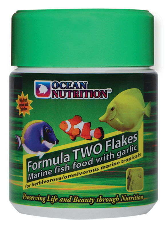 Ocean Nutrition Formula TWO Flakes, Flockenfutter f. Meeresfische, tropisch, Knoblauch, 71g, grüne Verpackung mit bunten Fischen.