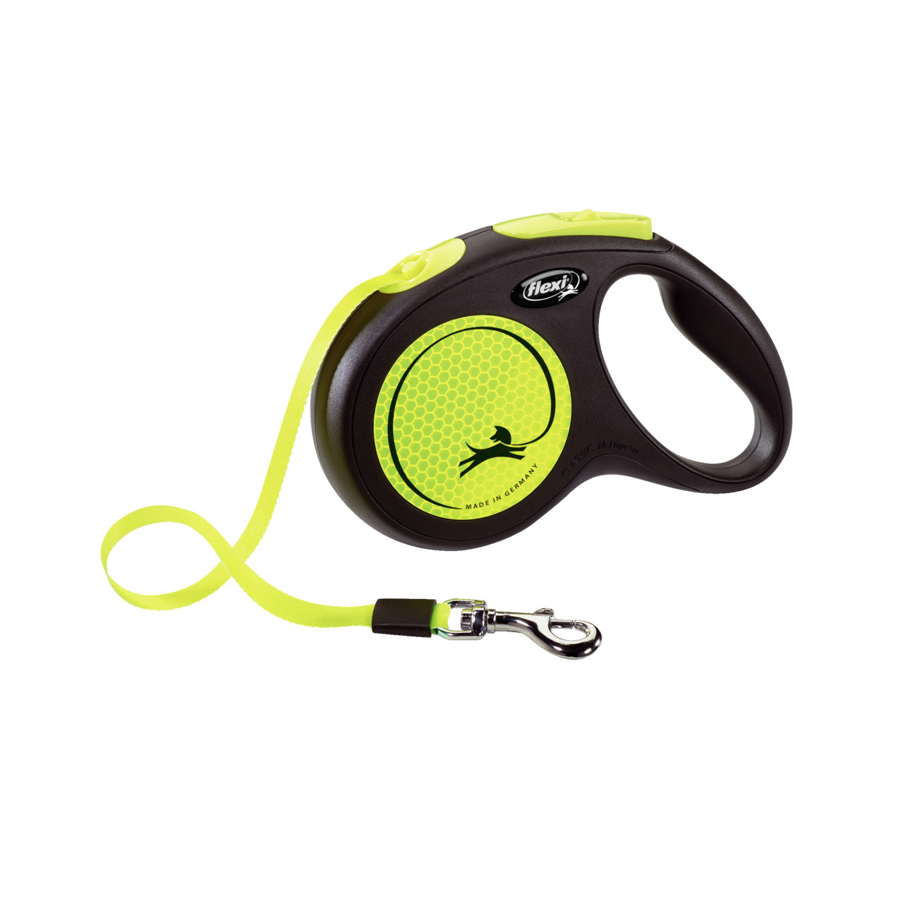 Flexi Hundeleine Schwarz-Neon-Gelb, für Hunde, ausziehbar, ergonom. Griff, stabiler Karabiner, „Made in Germany“.