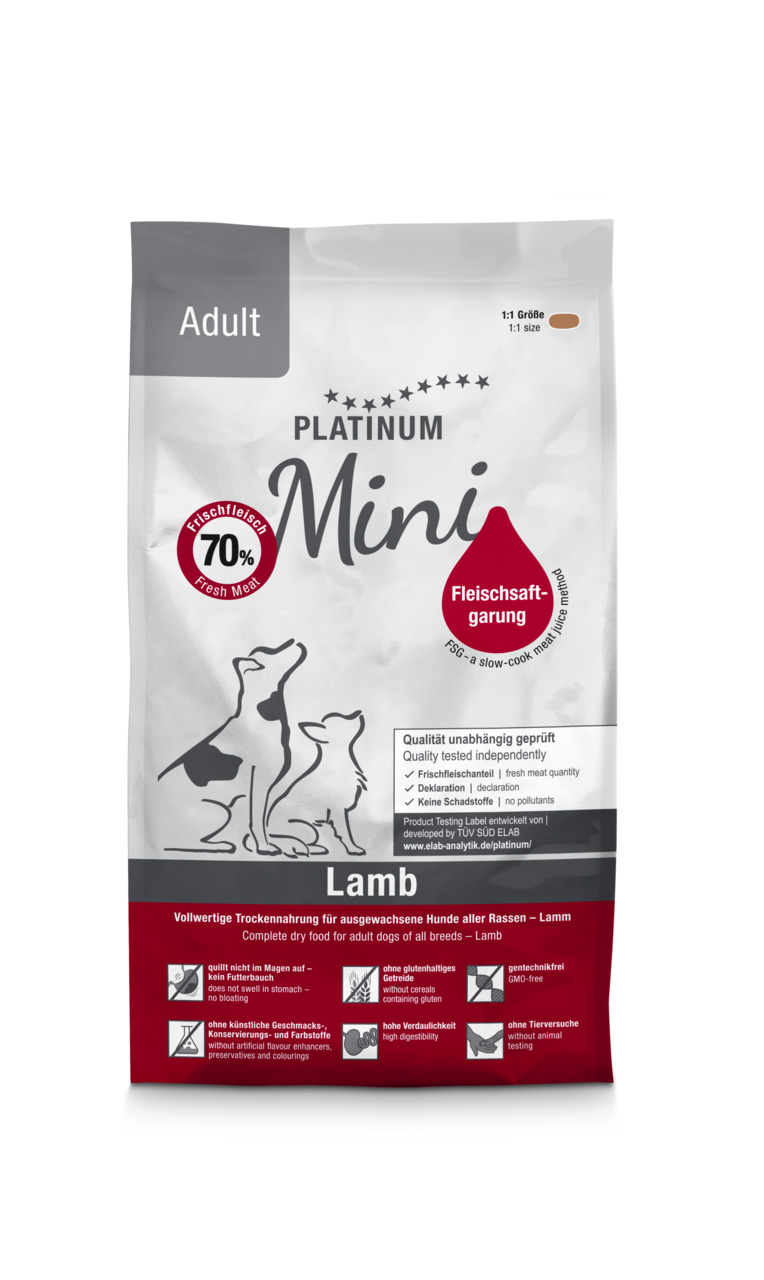 Das Bild zeigt eine Verpackung des Hundefutters „PLATINUM Mini Adult Lamb“. Es handelt sich um ein Trockenfutter für ausgewachsene Hunde aller Rassen, speziell in kleiner Größe. Die Geschmacksrichtung ist Lamm, und das Futter besteht zu 70 % aus Frischfle