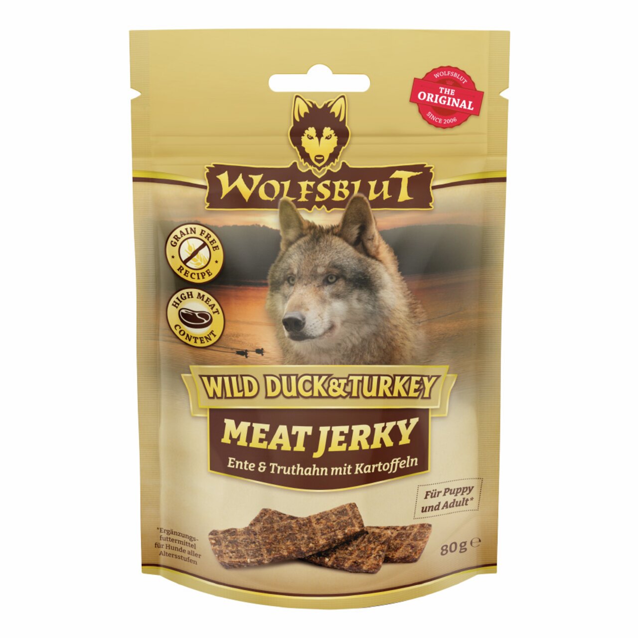 WOLFSBLUT Wild Duck & Turkey Meat Jerky für Hunde, Geschmacksrichtung Ente & Truthahn, mit Kartoffeln, 80 g.