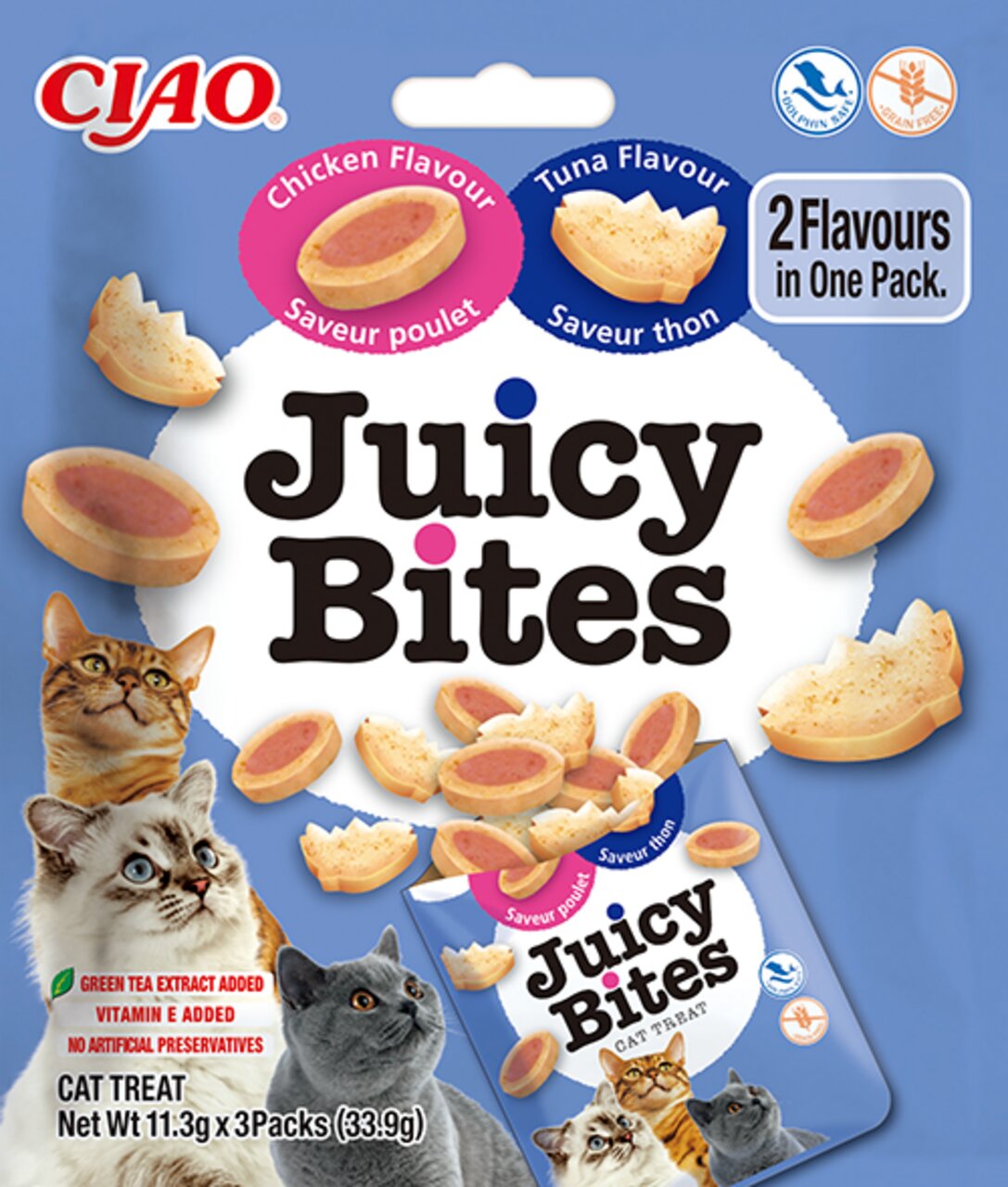 Ciao Juicy Bites Katzensnack, Huhn & Thunfisch, mit grünem Tee & Vitaminen, ohne Konservierungsstoffe, 33,9 g.