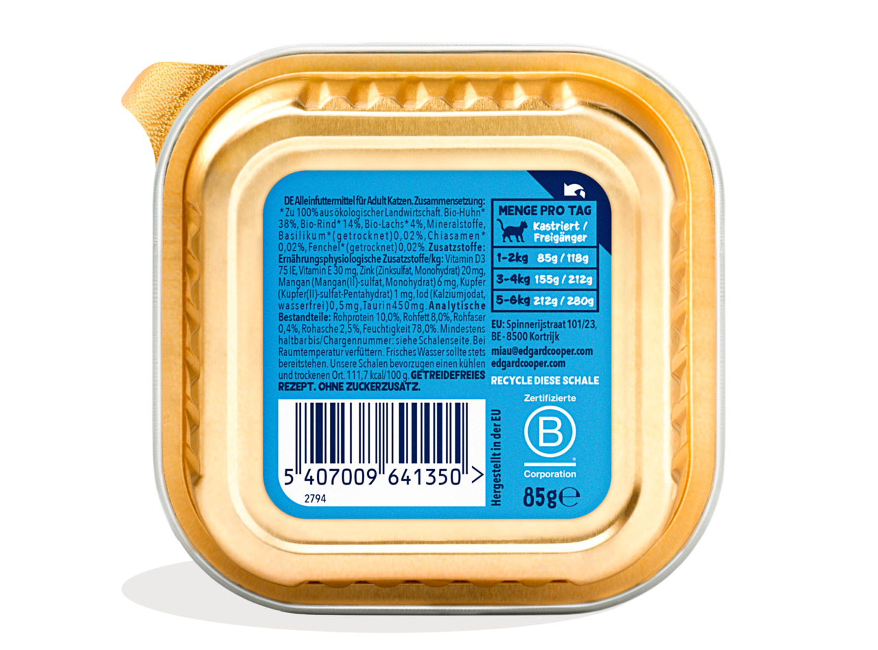 Edgard & Cooper Nassfutter für Katzen, Bio-Huhn-Rind-Lachs, 85 g, getreidefrei, ohne Zucker, recycelbare Verpackung.