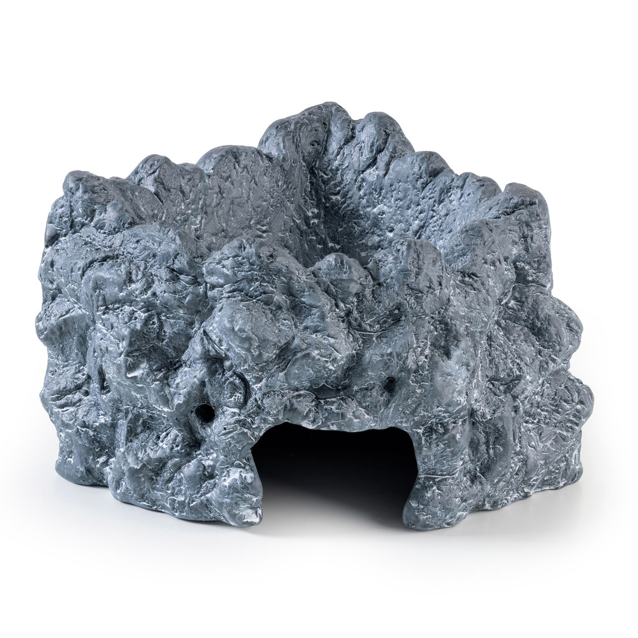 Das Bild zeigt die Exo Terra Reptilienhöhle, eine realistisch gestaltete Versteckmöglichkeit für Reptilien und Amphibien. Die Höhle besteht aus einem grauen, steinartigen Material mit einer natürlichen Struktur, die optimal in Terrarien integriert werden 