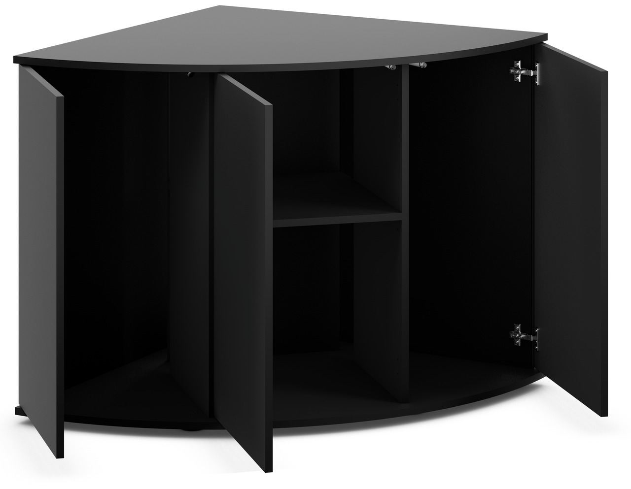 Das Bild zeigt den JUWEL Eckunterschrank SBX L in Schwarz, der speziell für Aquarien entwickelt wurde. Der Schrank bietet eine stabile Basis und verfügt über zwei Türen mit Scharnieren sowie ein Regalbrett im Inneren zur Aufbewahrung von Zubehör. Die drei