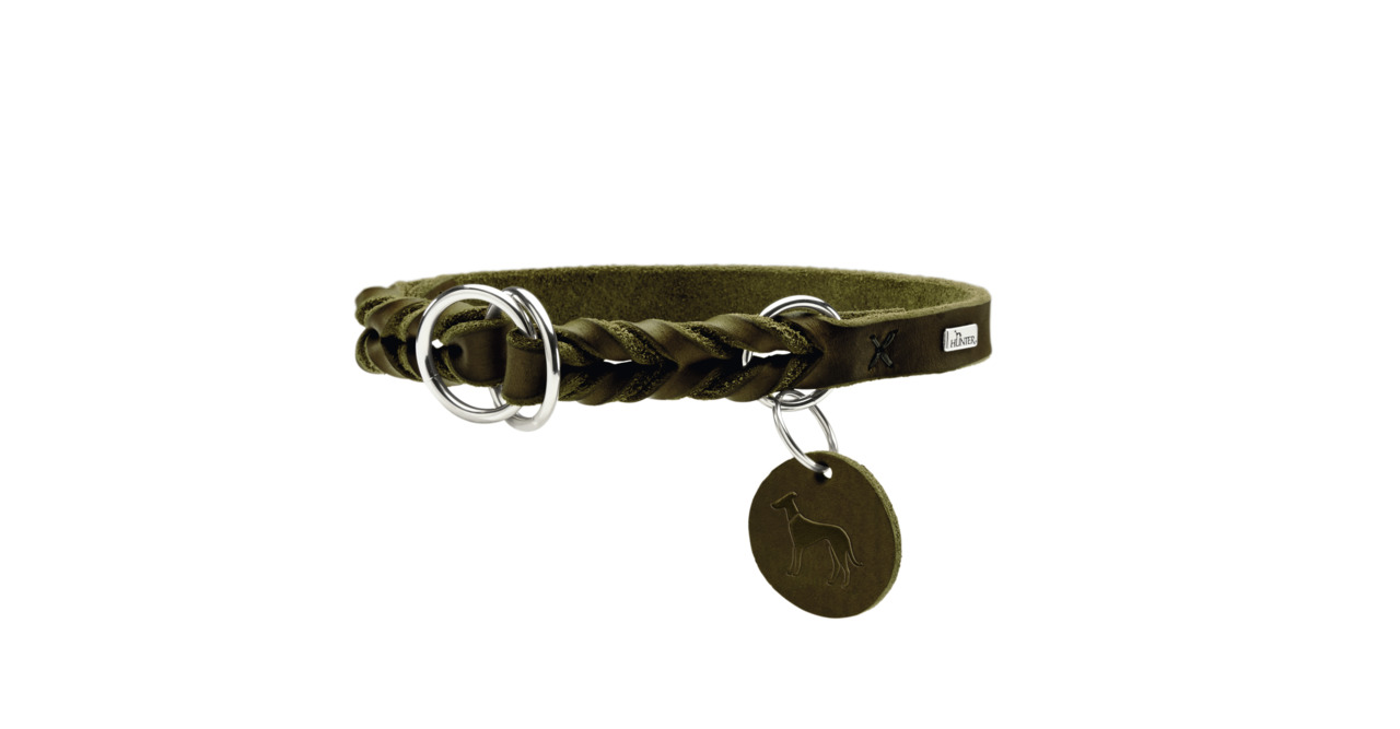 HUNTER Hundehalsband "Solid Education", oliv, Leder, mit silbernem Ring & Hundemotiv-Anhänger, für Hunde, Komfort & Stil.
