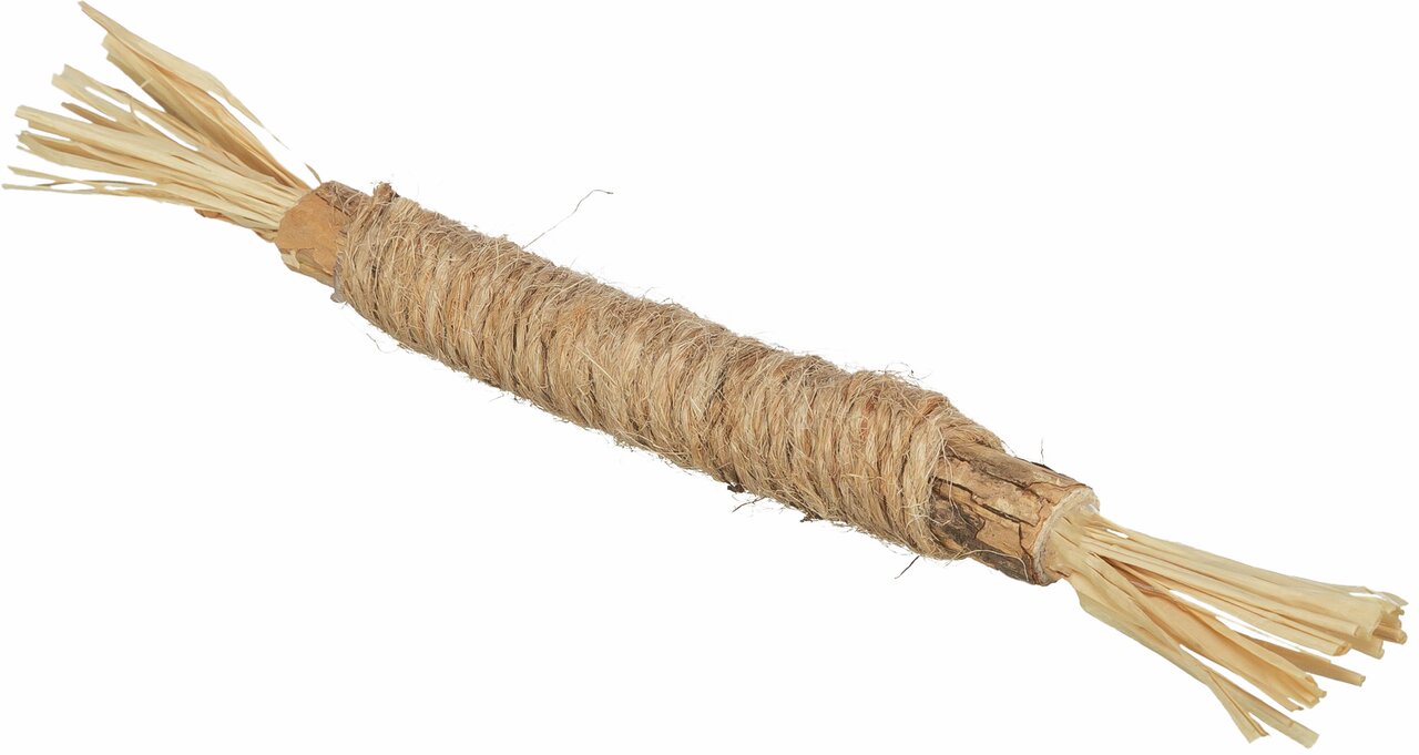 Das Bild zeigt das TRIXIE Kauholz für Nagetiere, ein natürliches Spiel- und Beschäftigungsprodukt für Kleintiere wie Kaninchen oder Meerschweinchen. Es besteht aus Holz und Bast, ideal zum Nagen und Spielen. Fördert die Zahnpflege und sorgt für artgerecht