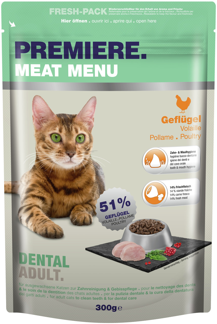 PREMIERE Meat Menu Dental Adult, Geflügel, 300 g, für ausgewachsene Katzen, Zahnreinigung & Gebisspflege, wiederverschließbar.