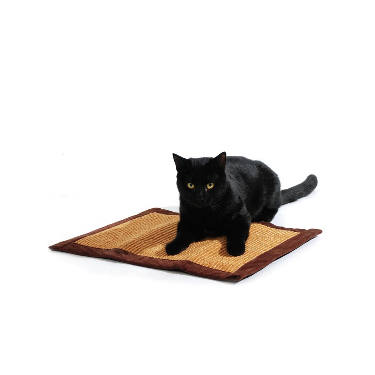 Schwarze Katze liegt auf einer Kratzmatte aus Sisal mit braunem Rand