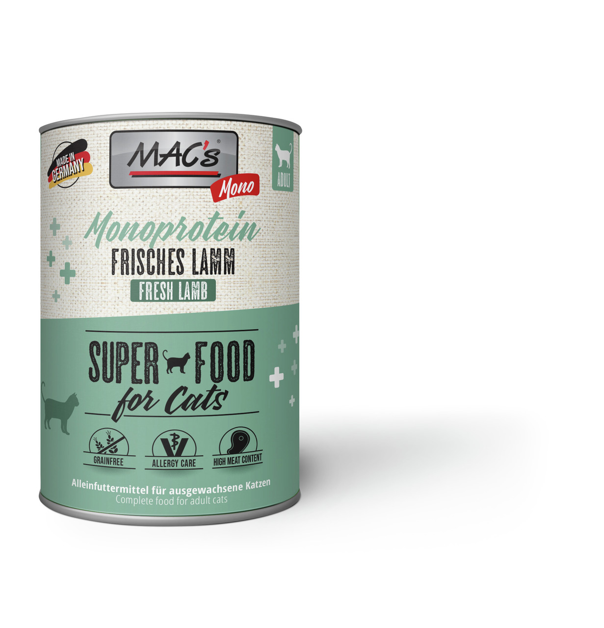 MAC's Mono Frisches Lamm, Monoprotein, für ausgewachsene Katzen, frisches Lamm, getreidefrei, Allergy Care, hoher Fleischanteil, 400 g.