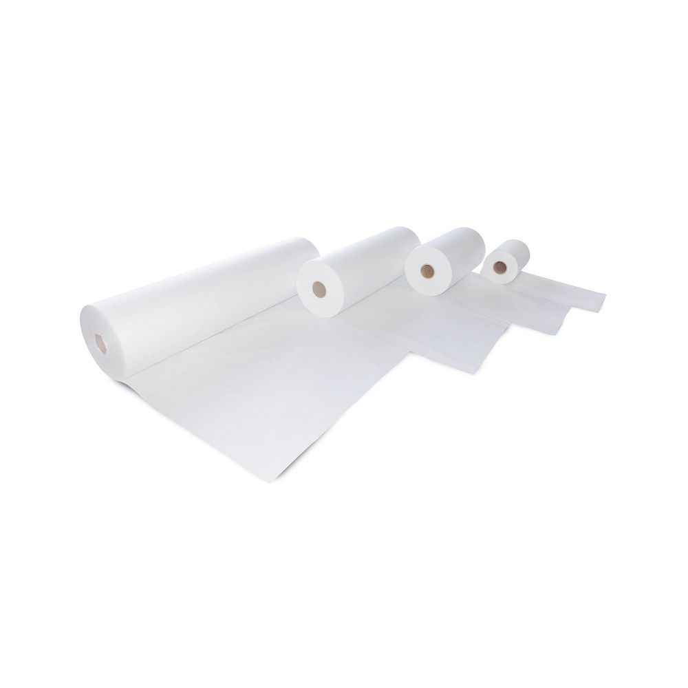 Das Bild zeigt mehrere weiße Papierrollen in unterschiedlichen Größen, die nebeneinander auf einer glatten Oberfläche liegen. Die Rollen sind sauber aufgerollt und teilweise entrollt, um die Struktur des Materials zu zeigen. Sie eignen sich für verschiede