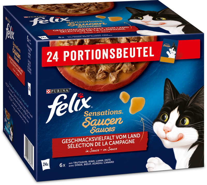 Das Bild zeigt eine Verpackung des Katzenfutters "Felix Sensations Saucen" von der Marke Purina. Es handelt sich um 24 Portionsbeutel mit der Geschmacksrichtung "Geschmacksvielfalt vom Land", die Truthahn, Rind, Lamm und Ente in Sauce enthalten. Zielgrupp