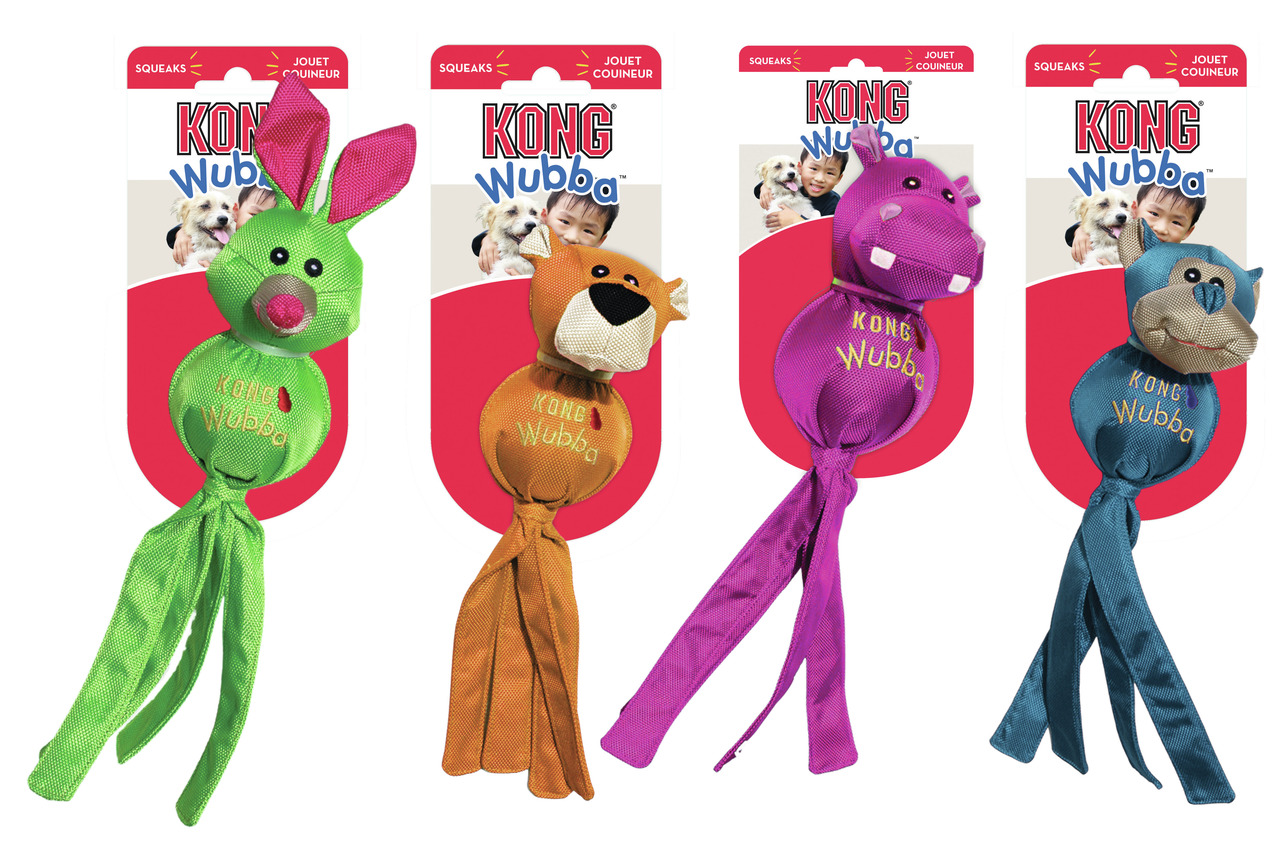 KONG Wubba Hundespielzeug, für Hunde, mit Quietscher, Tierformen (Hase, Löwe, Nilpferd, Affe), robust, ideal für Werfen & Zerren.