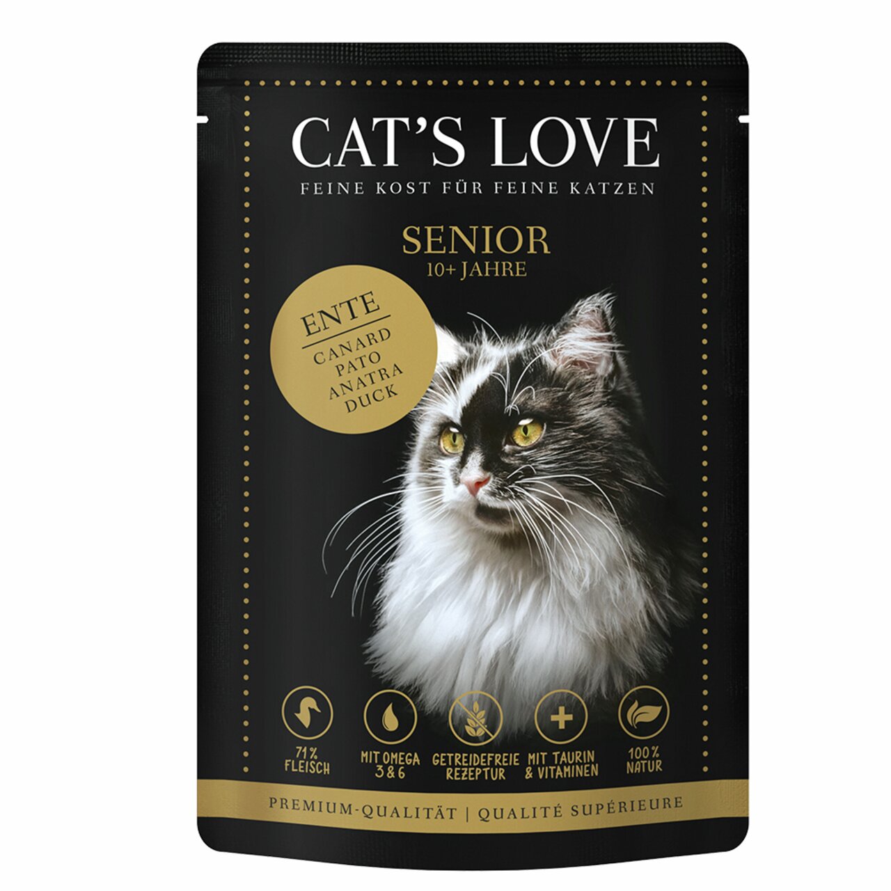 Cat's Love Senior Katzenfutter Ente für Katzen ab 10 Jahren, getreidefrei, 85 g, mit Omega 3 & 6, Taurin & Vitaminen.
