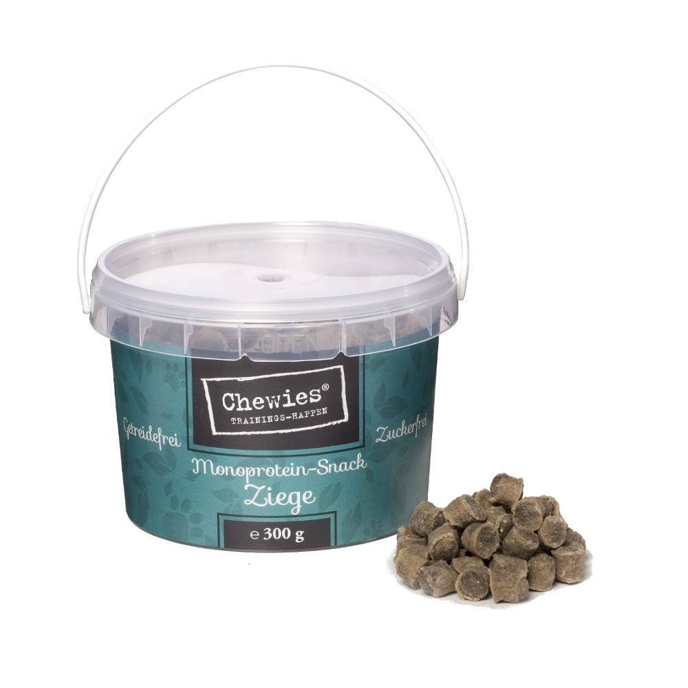 Chewies Trainings-Happen Monoprotein-Snack Ziege, für Hunde, getreidefrei, zuckerfrei, 300 g, runde braune Stücke.