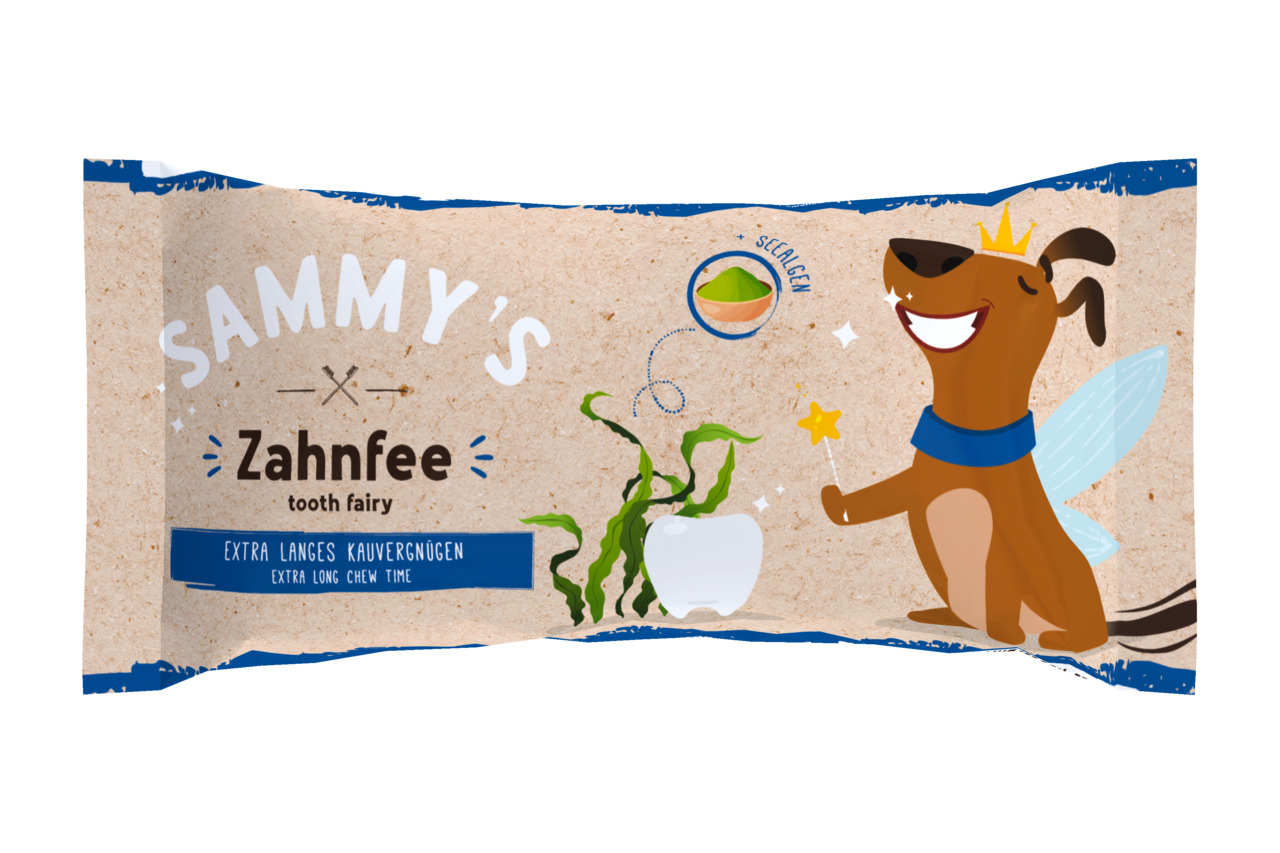 SAMMY's Zahnfee Kausnack für Hunde, mit Seegras, extra langes Kauvergnügen, Zahnpflege, fröhlicher Hund auf Verpackung.