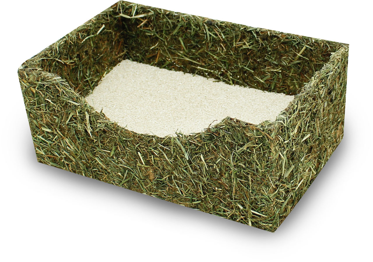 JR FARM Sandbad-Schale für Kleintiere (Hamster-Mäuse), gepresstes Heu, feiner Sand, Fellpflege, Buddeln, nachhaltig, essbar, Maße sichtbar.