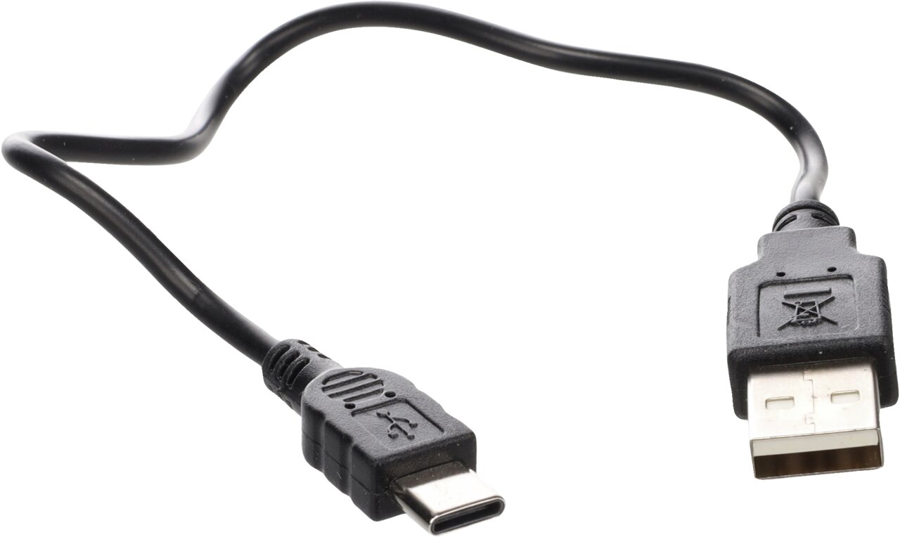 Schwarzes USB-Kabel, USB-A zu USB-C, glatte robuste Oberfläche, für Datenübertragung & Aufladen, leicht gebogen dargestellt.