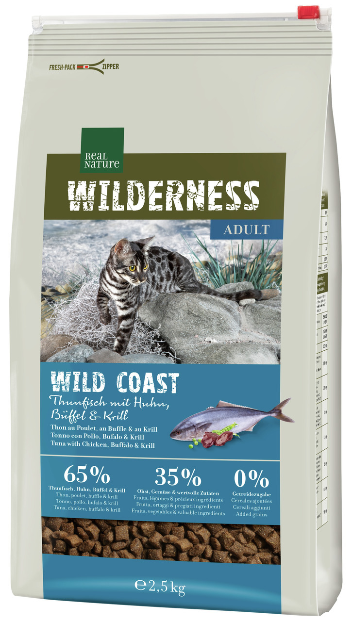 REAL NATURE WILDERNESS Wild Coast, Katzenfutter für ausgewachsene Katzen, Thunfisch, Huhn, Büffel, Krill, 2,5 kg, 0 % Getreide.