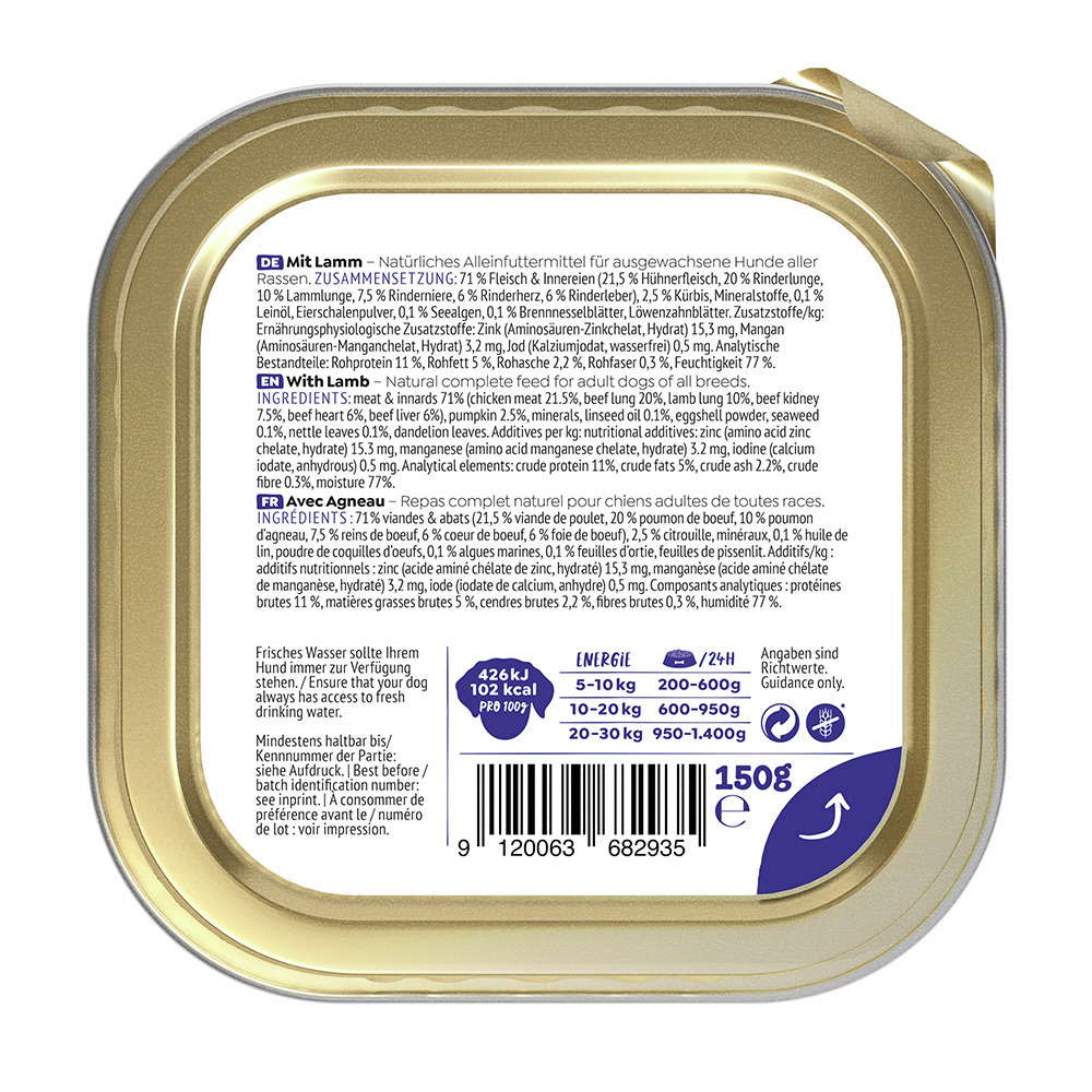 Das Bild zeigt eine goldene 150g-Dose des Hundefutters „WOW DOG – Mit Lamm“, ein Alleinfuttermittel für ausgewachsene Hunde aller Rassen. Die Geschmacksrichtung ist Lamm, und die Zusammensetzung umfasst 71% Fleisch und Innereien, darunter 21,5% Hühnerflei
