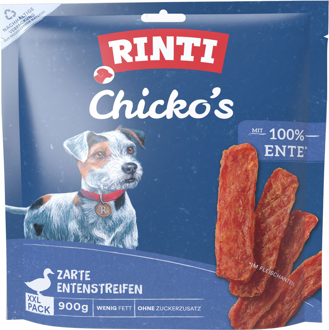 RINTI Chicko’s, Hundesnack, 100 % Ente, zarte Entenstreifen, wenig Fett, ohne Zuckerzusatz, XXL Pack, 900 g.