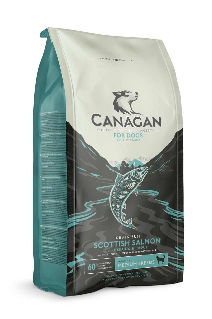 Canagan Grain Free Scottish Salmon, mittelgr. Hunde, schott. Lachs, Hering, Forelle, Süßkartoffeln, Gemüse, Kräuter, 60 % tier. Zutaten.