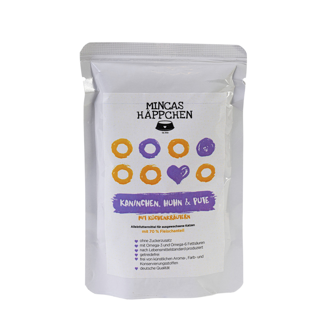 Mincas Häppchen Katzenfutter, Kaninchen-Huhn-Pute, 70 % Fleisch, ohne Zucker-Getreide, Omega-3--6, für erw. Katzen, 125 g.