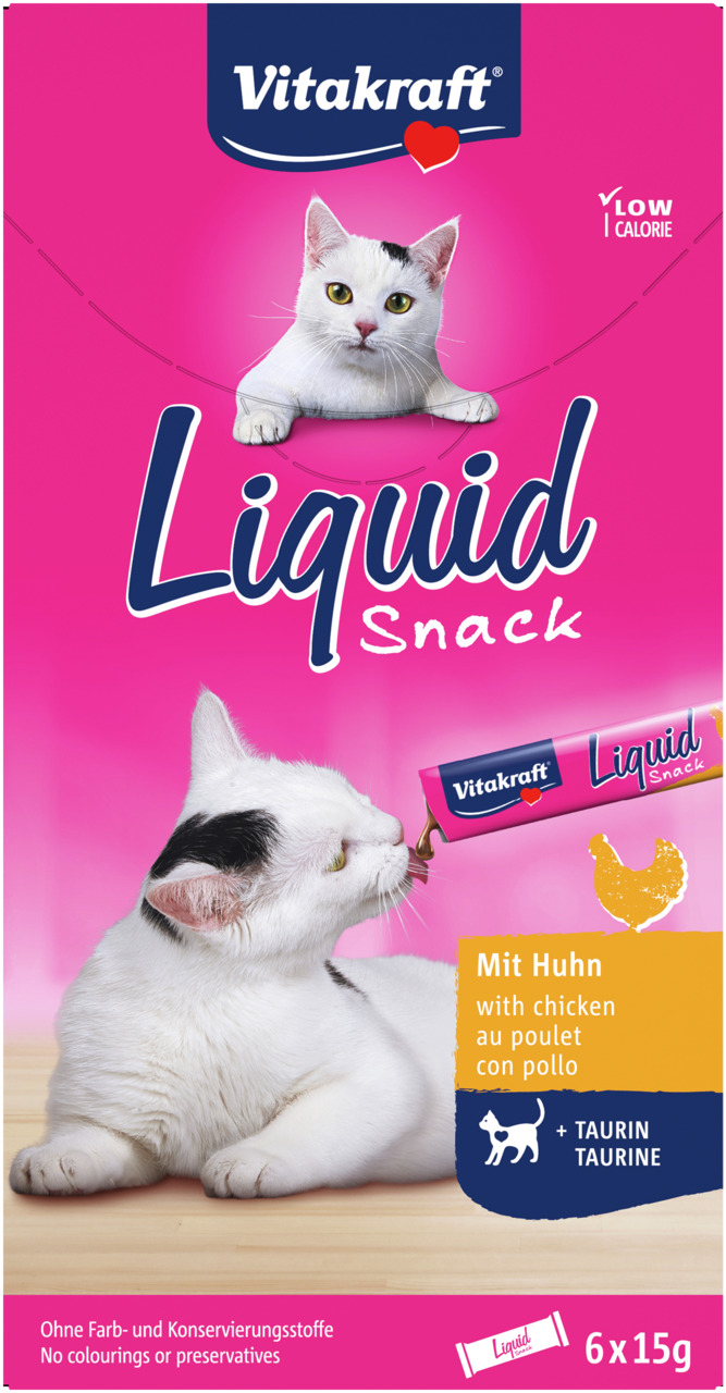 Das Bild zeigt die Verpackung des Vitakraft Liquid Snack mit Huhn, einem Ergänzungsfuttermittel für Katzen. Die Zielgruppe sind ausgewachsene Katzen. Der Snack ist kalorienarm, enthält Taurin zur Unterstützung der Herzfunktion und Sehkraft und ist frei vo