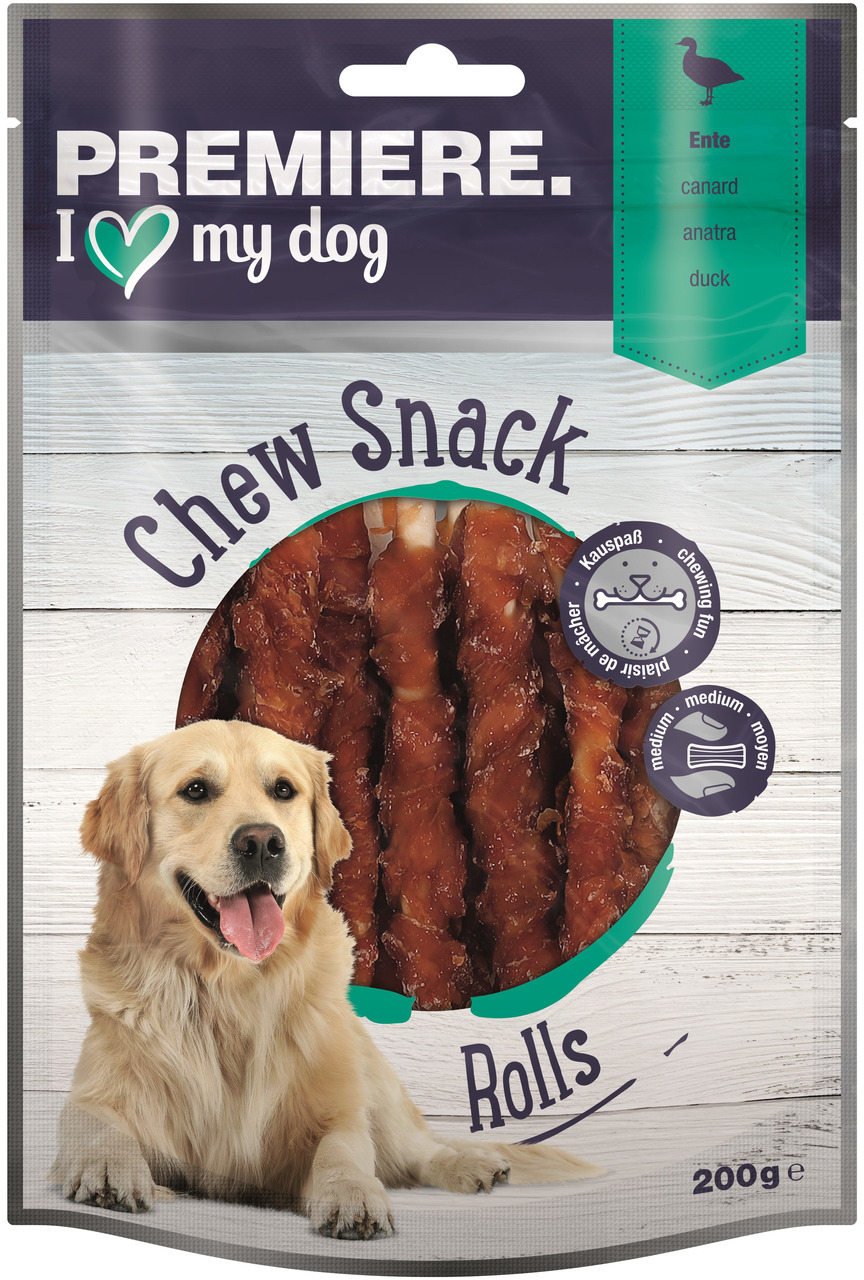 PREMIERE Chew Snack Rolls, Entengeschmack, für mittelgroße Hunde, 200 g, Kauspaß, „I love my dog“.
