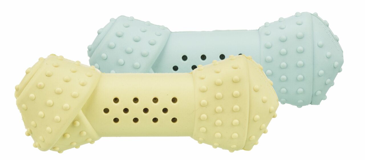 Kauspielzeug für Hunde von TRIXIE in Knochenform, für Zahnreinigung und Spielspaß. Farben: Gelb und Blau. Größe nicht erkennbar.