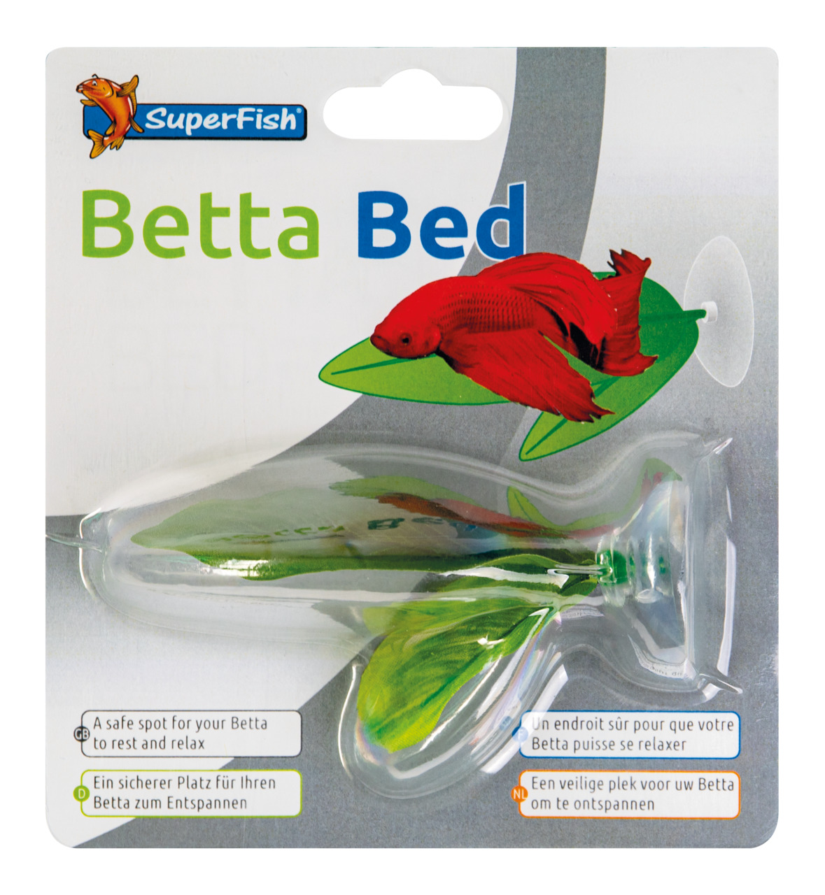 SuperFish Betta Bed, grüne Kunststoff-Blattform m. Saugnapf, f. Betta-Fische, sicherer Ruheplatz, Verpackung: roter Betta-Fisch.