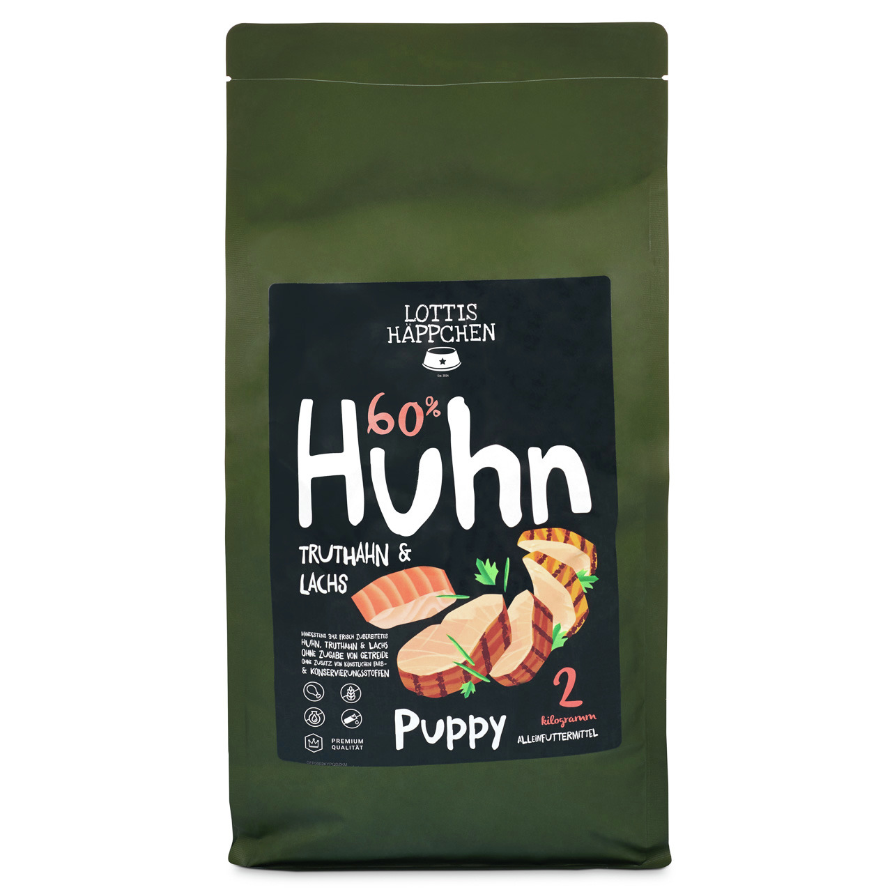 Lottis Häppchen 55 % Huhn, Adult, Huhn+Süßkartoffel+Kräuter, 2 kg, Premium-Alleinfutter.
