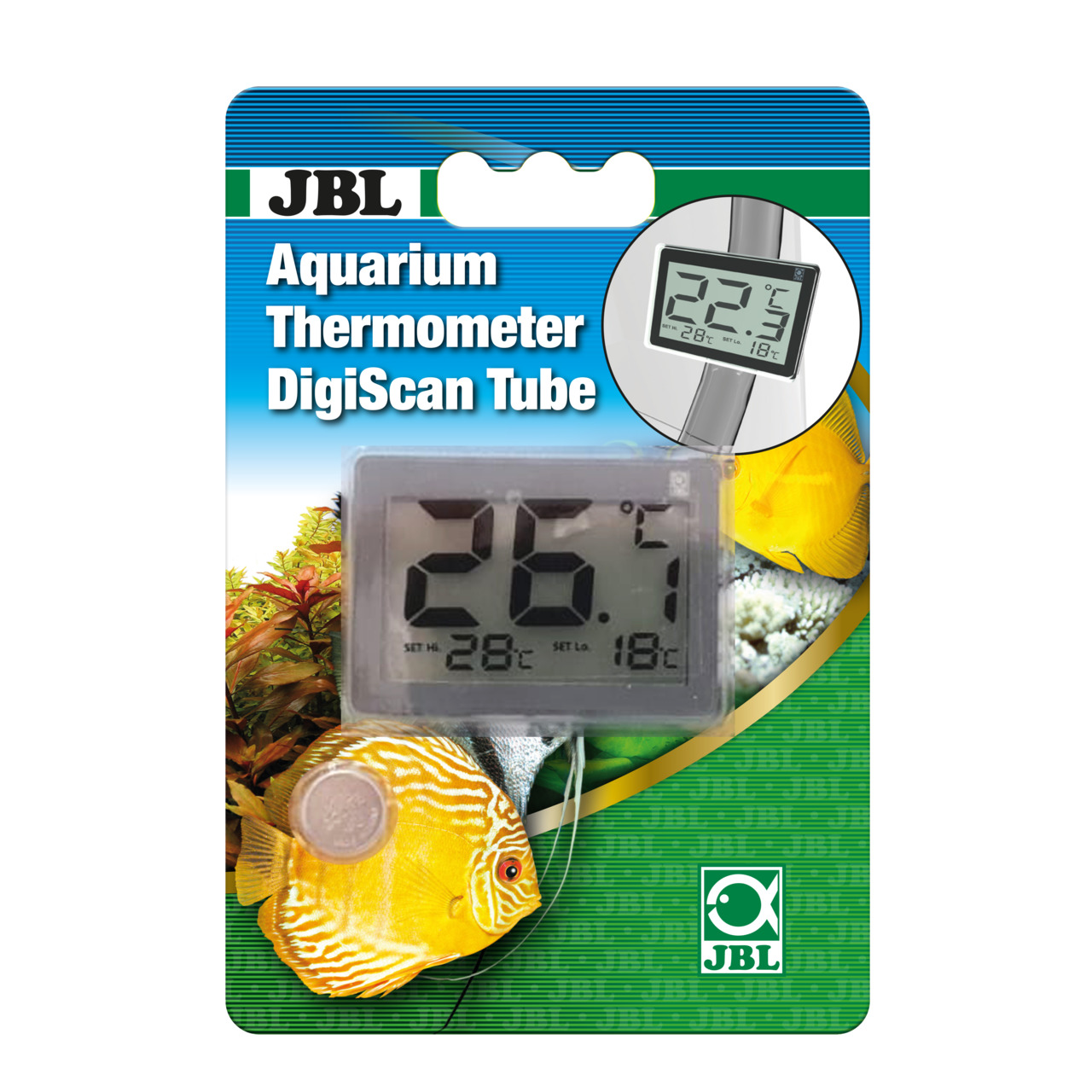 JBL DigiScan Tube, digitales Thermometer für Aquarien, präzise Messung, großes Display (26,7 °C), für Süß-/Meerwasseraquarien.