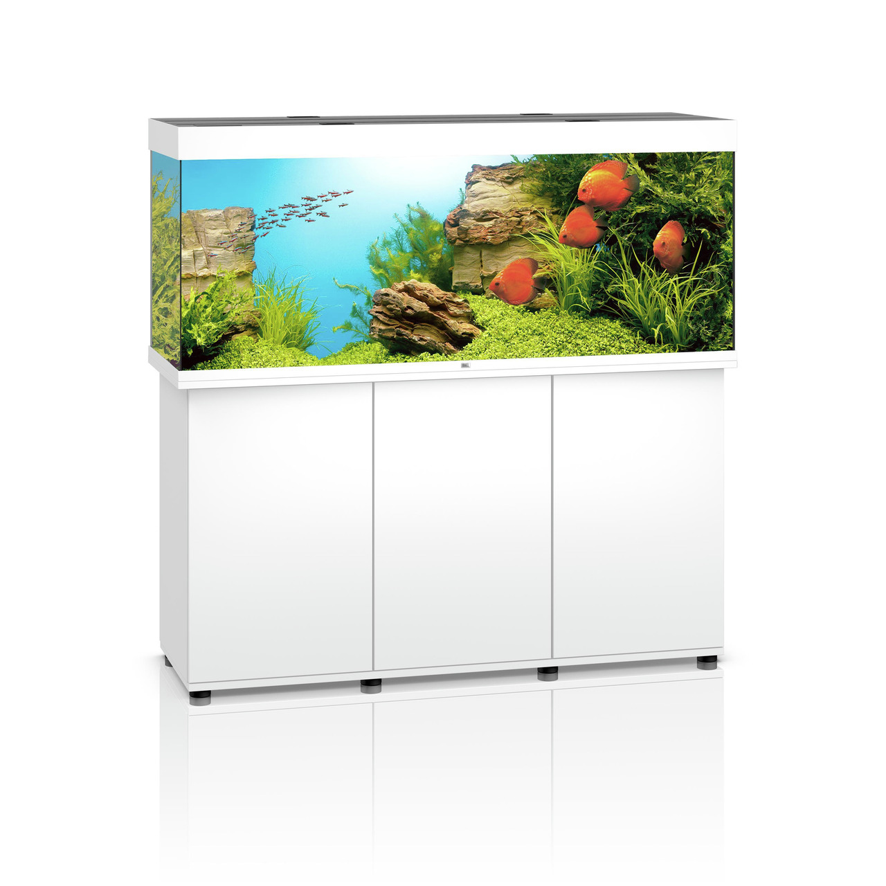 Das Bild zeigt das JUWEL Rio 350 LED Aquarium in Weiß, ein hochwertiges Aquarium für Aquaristik-Enthusiasten. Es ist mit einer modernen LED-Beleuchtung ausgestattet und bietet ein großzügiges Fassungsvermögen von 350 Litern. Das Aquarium ist ideal für Süß