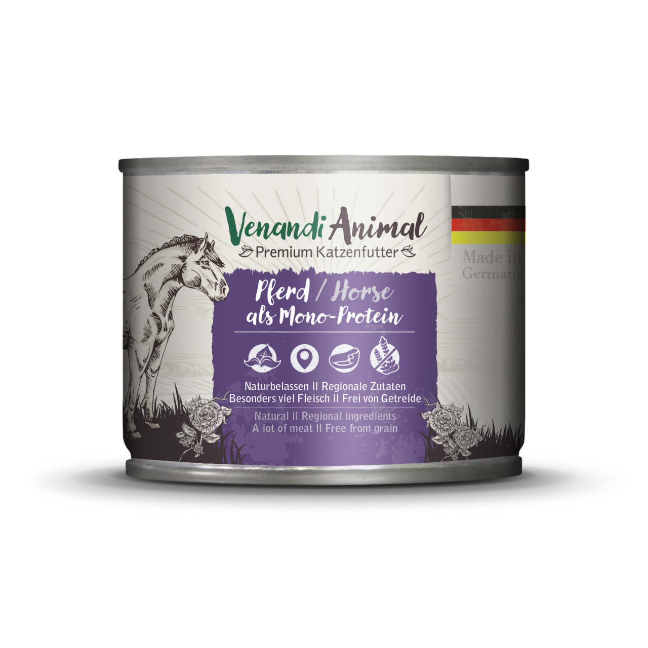 Das Bild zeigt eine Dose des Premium-Katzenfutters „Venandi Animal – Pferd als Mono-Protein“. Die Zielgruppe sind Katzen. Die Geschmacksrichtung ist Pferd, basierend auf natürlichen und regionalen Zutaten. Es enthält besonders viel Fleisch und ist getreid
