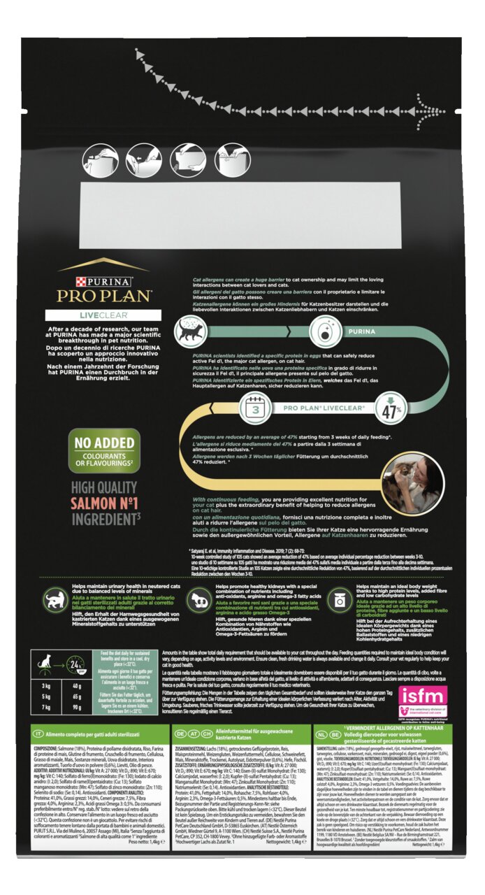 Purina PRO PLAN LiveClear, Katzenfutter f. ausgew. Katzen, Lachs (Hauptzutat), reduziert Allergene um 47 %, 1,4 kg, ohne künstl. Zusätze.