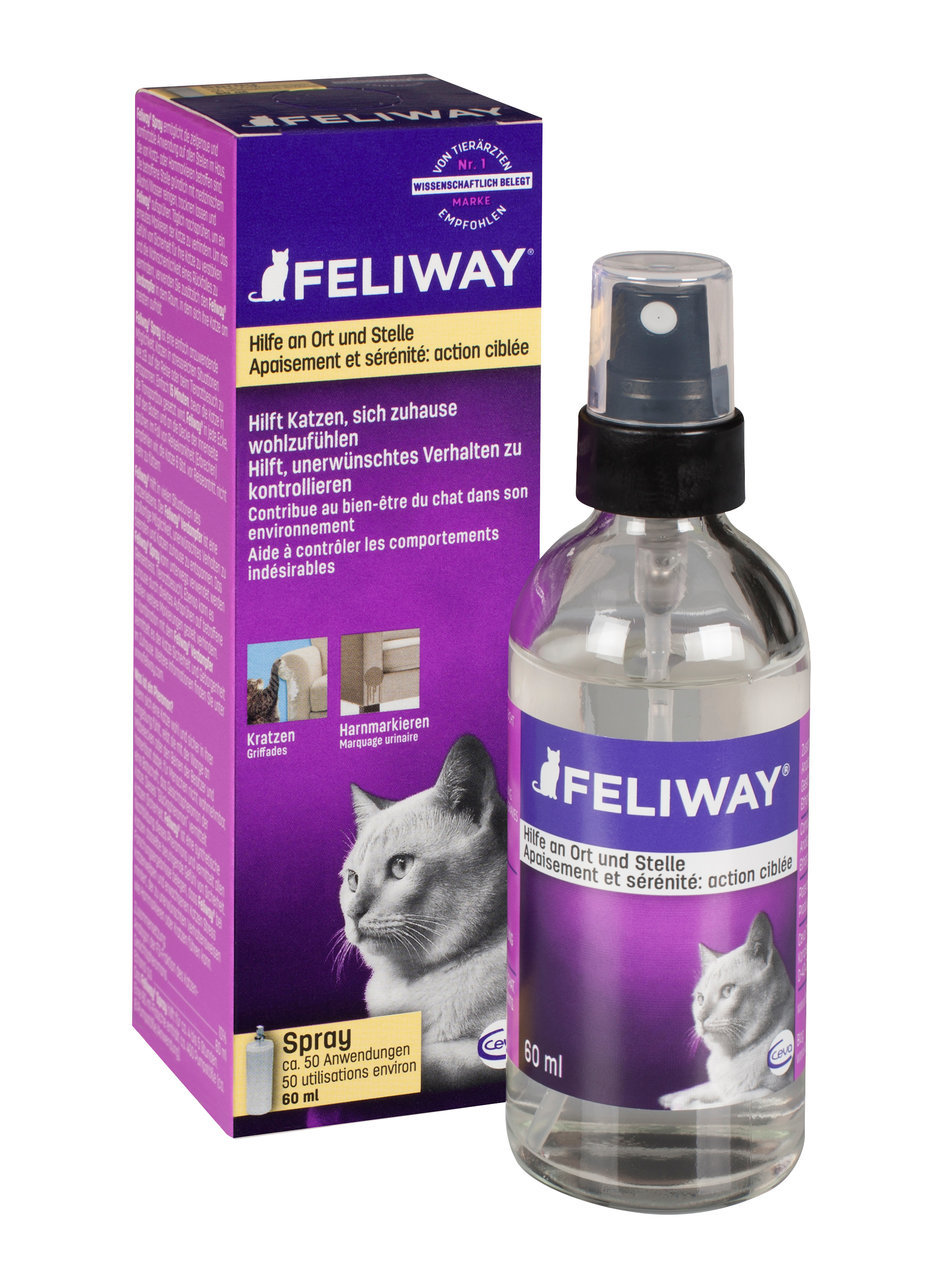 Feliway Spray, Beruhigungsmittel f. Katzen, reduziert Kratzen-Harnmarkieren, 60 ml, ca. 50 Anwendungen.